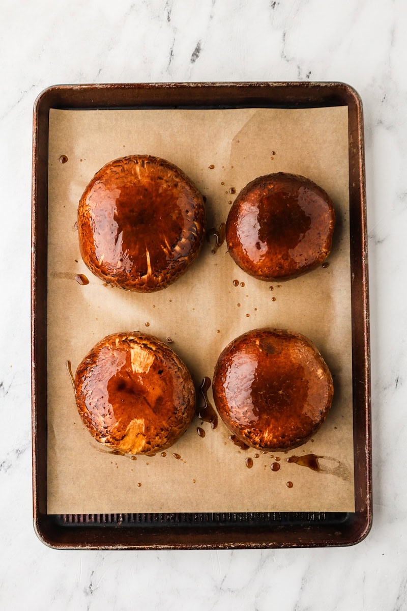 An overhead image of roasting the mushrooms.