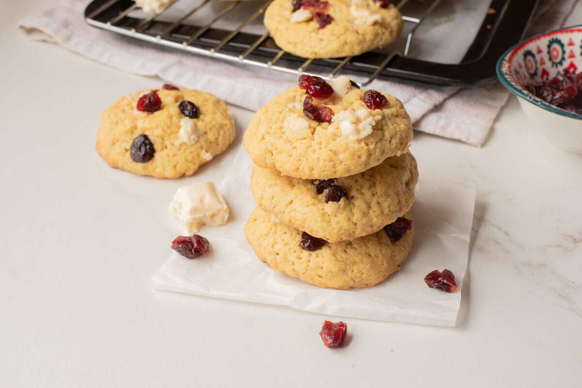 A close up image of three pieces of cookies stacked on top of each other.