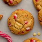An overhead image of white chocolate peppermint cookies.