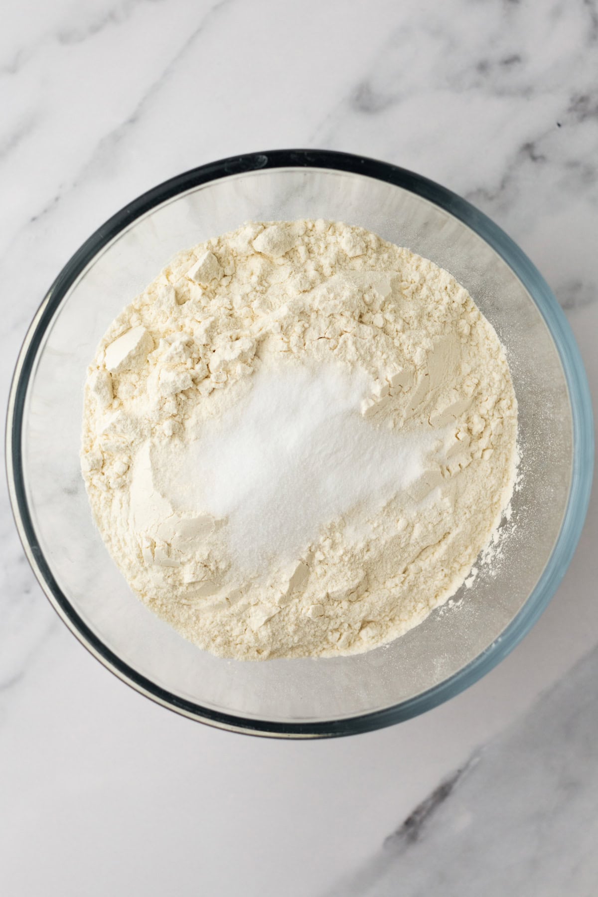 An overhead image of dry ingredients in a bowl.