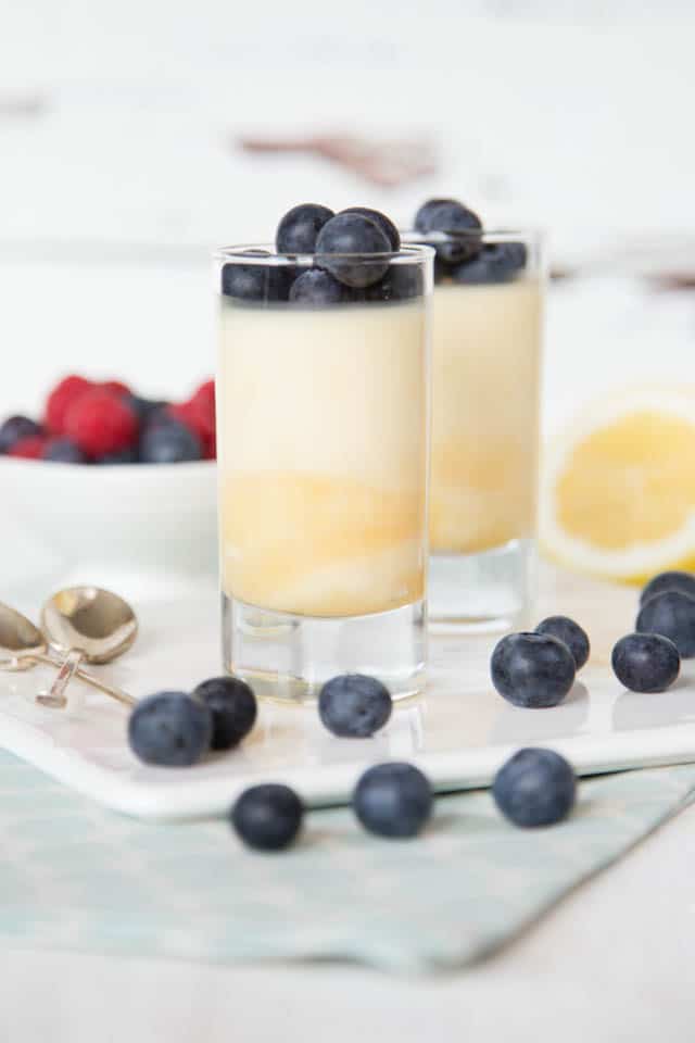 Straight view of two glasses with delicious white lemon and chocolate pots with blueberries and lemon in the background.