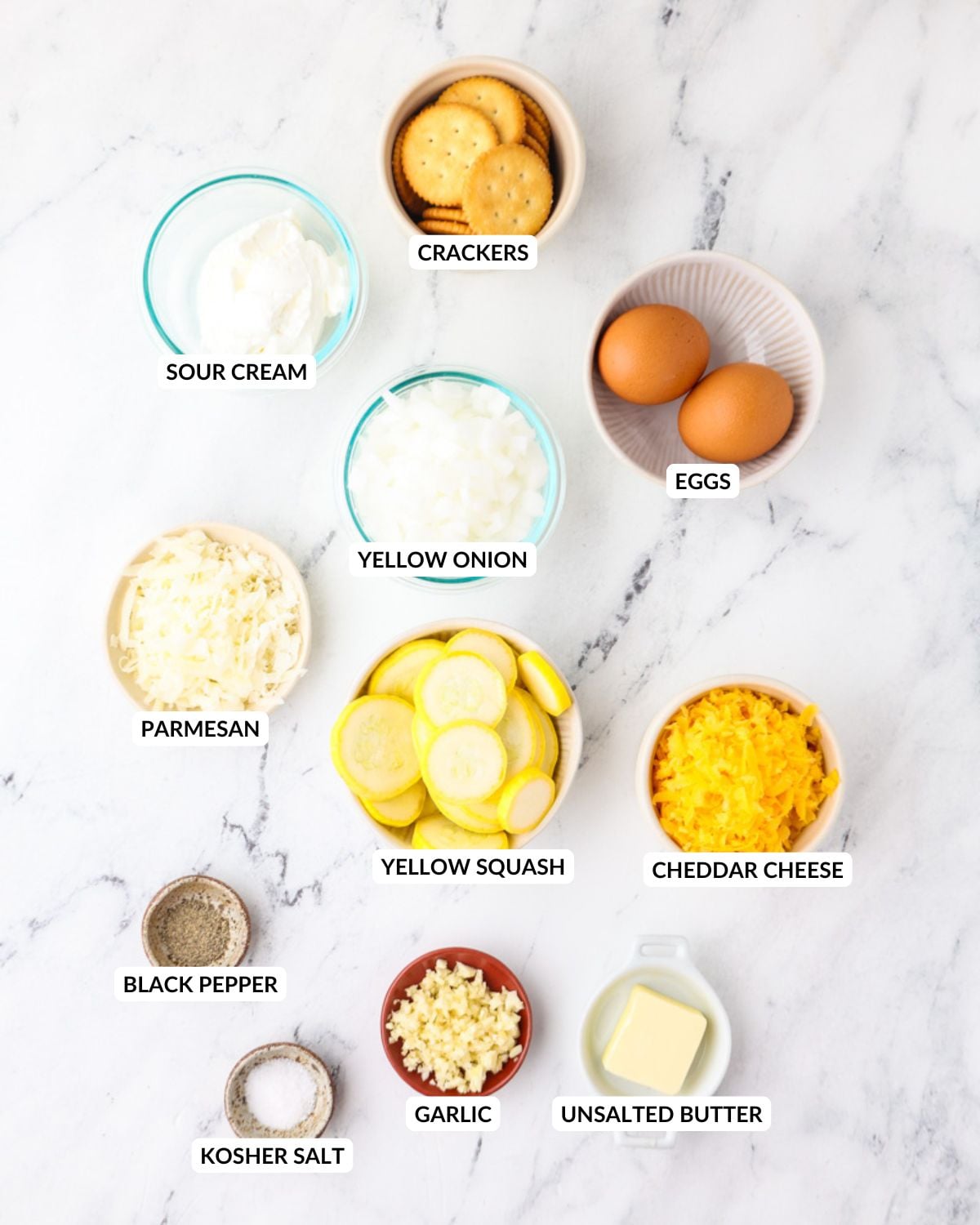 Ingredients for yellow squash casserole.