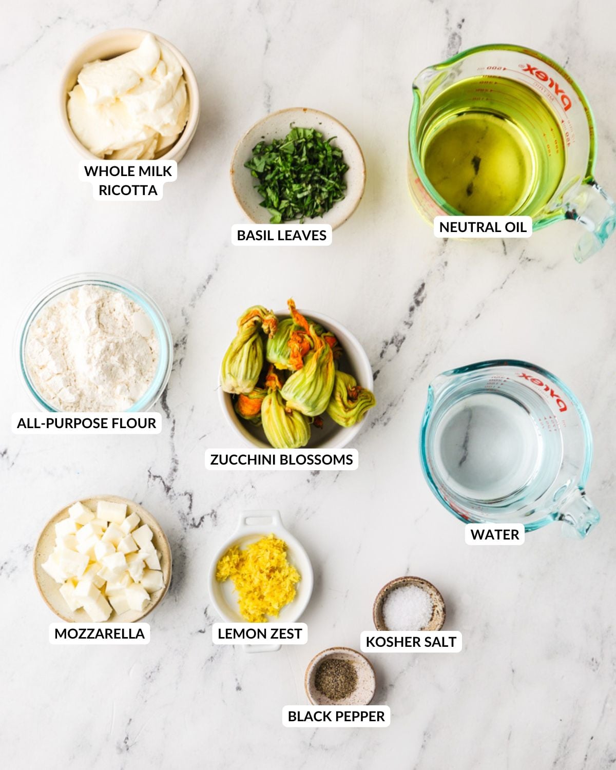 Ingredients for zucchini blossoms with ricotta.