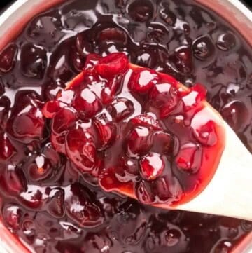 Overhead view of a spoonful of cranberry sauce in the pot.