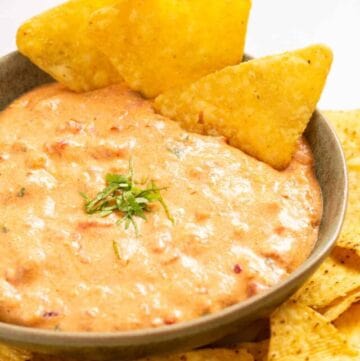An image of queso in a bowl with nacho chips on the side.