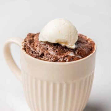 An image of chocolate mug cake with vanilla ice cream on top.