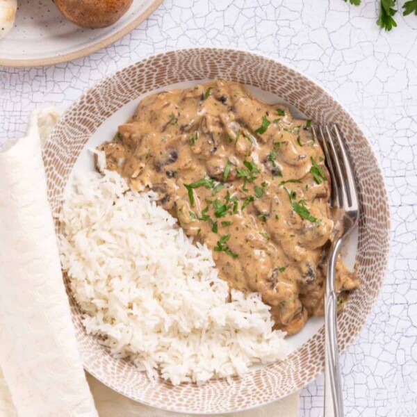 An overhead image of mushroom stroganoff and white rice on a plate.