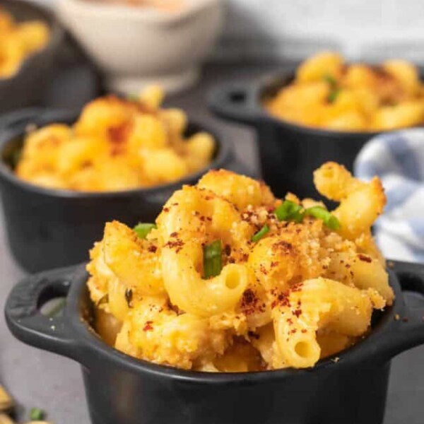 Close up of kimchi mac and cheese in a mini cocotte