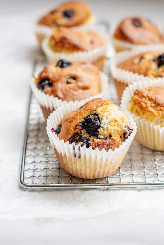 A straight view of air-fried blueberry muffins placed on a cooling rack.