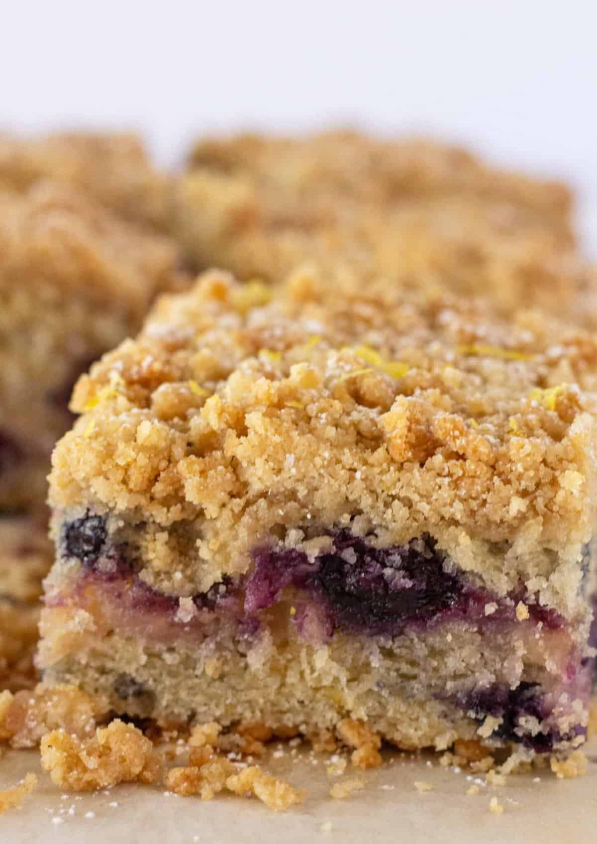 A close-up view of an easy lemon blueberry crumb cake.