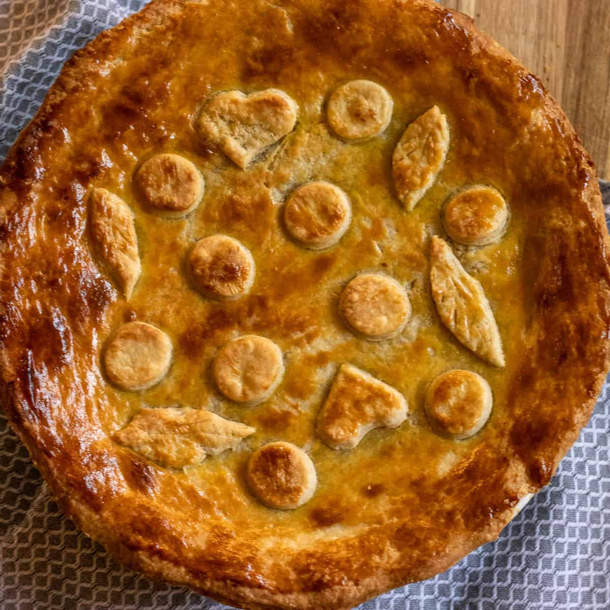 An overhead view of creamy leek and mushroom pie recipe.