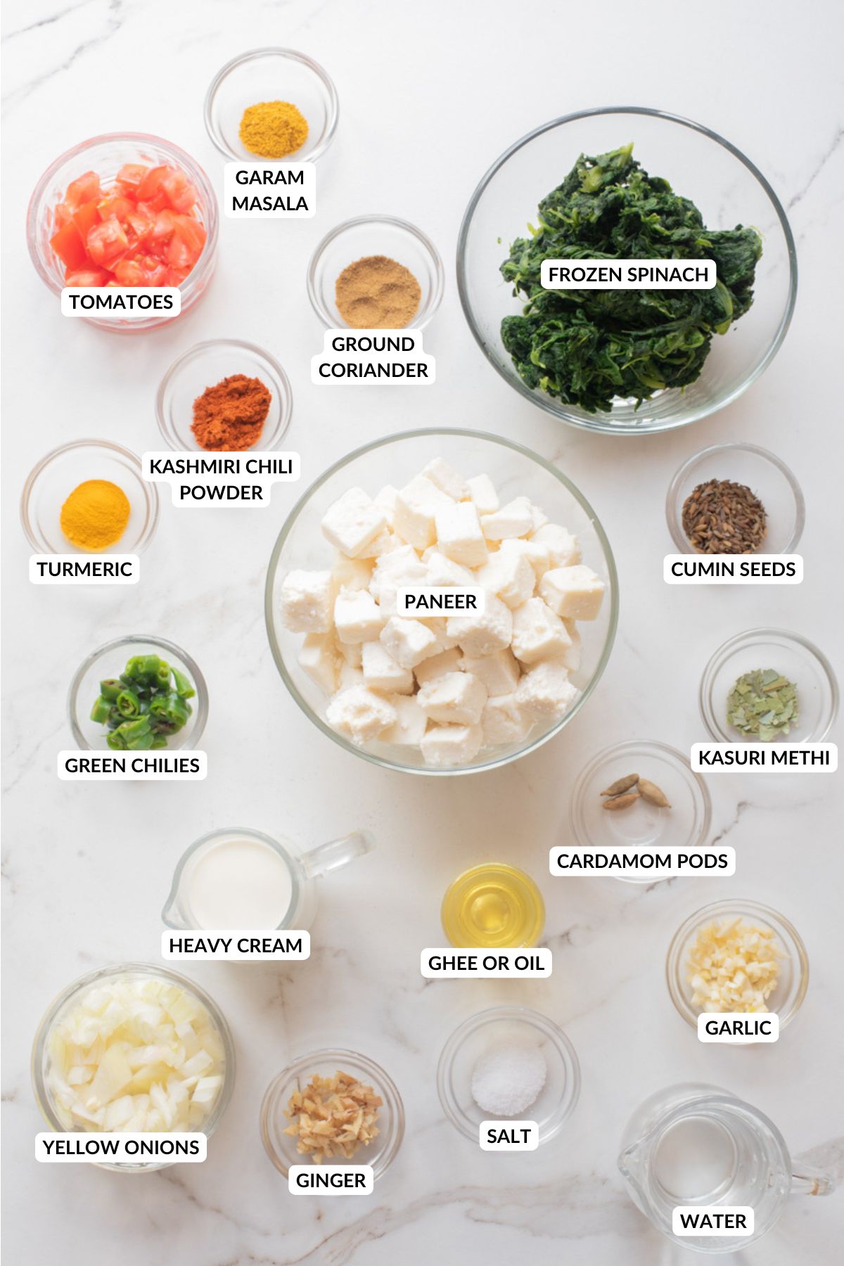 An overhead image of the ingredients of high protein palak paneer.