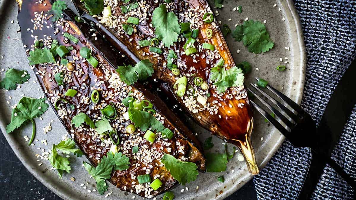 Overhead view of Roasted Asian Eggplant with spring onions and coriander on top.