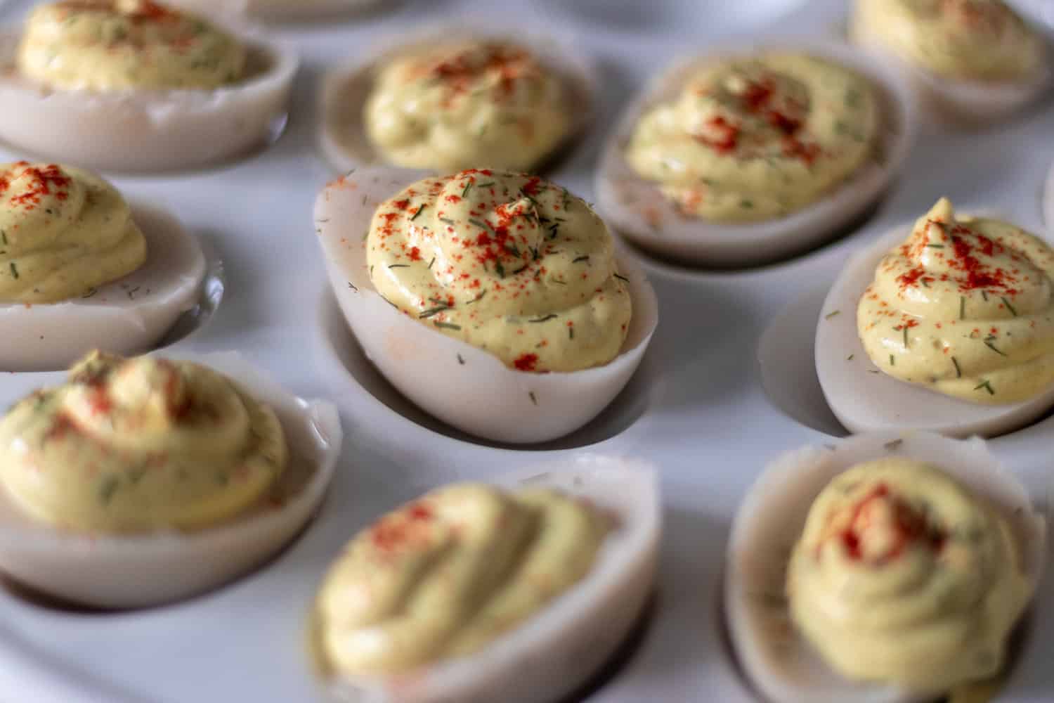 A close up view of several vegan deviled eggs.