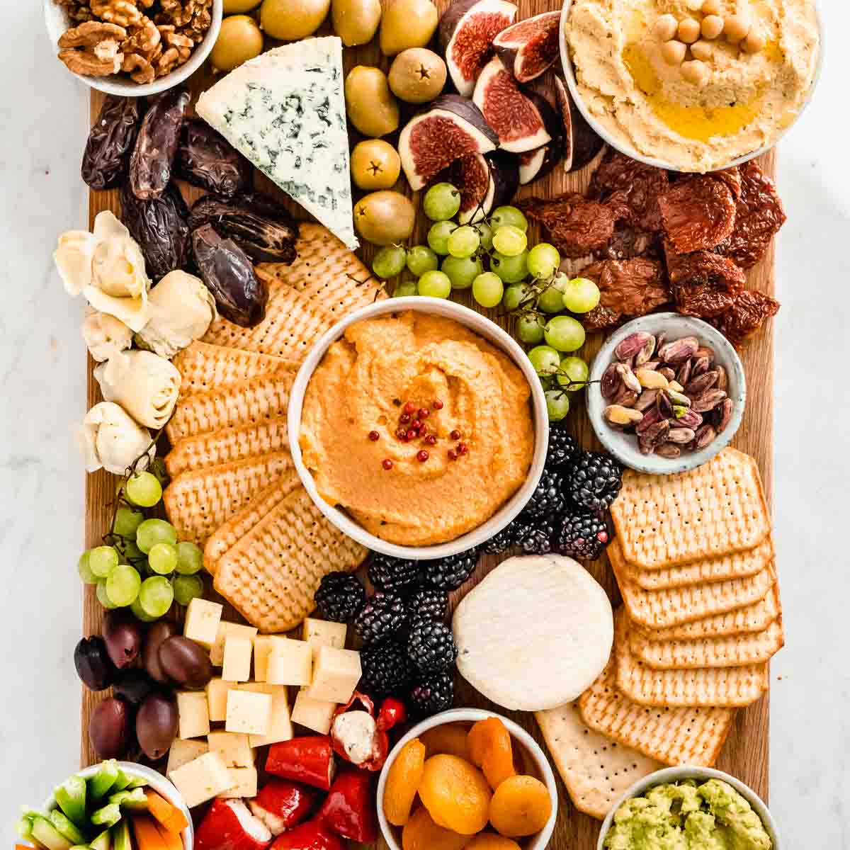 An overhead view of the vegetarian charcuterie board.